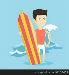 Young man standing with a surfboard on the beach. Professional surfer with a surf board on the beach. Surfer standing on the background of huge sea wave. Vector flat design illustration. Square layout. Surfer holding surfboard vector illustration.