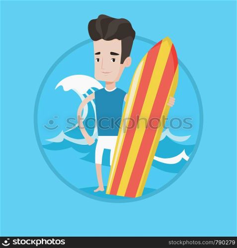 Young man standing with a surfboard on the beach. Surfer with a surf board at the beach. Surfer standing on the background of wave. Vector flat design illustration in the circle isolated on background. Surfer holding surfboard vector illustration.