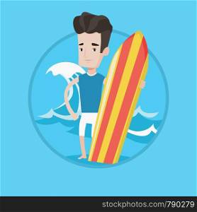 Young man standing with a surfboard on the beach. Surfer with a surf board at the beach. Surfer standing on the background of wave. Vector flat design illustration in the circle isolated on background. Surfer holding surfboard vector illustration.