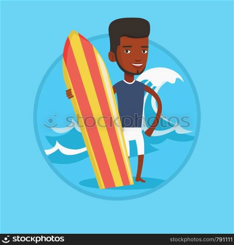 Young man standing with a surfboard on the beach. Surfer with a surf board on the beach. Surfer standing on the background of wave. Vector flat design illustration in the circle isolated on background. Surfer holding surfboard vector illustration.