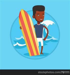 Young man standing with a surfboard on the beach. Surfer with a surf board on the beach. Surfer standing on the background of wave. Vector flat design illustration in the circle isolated on background. Surfer holding surfboard vector illustration.