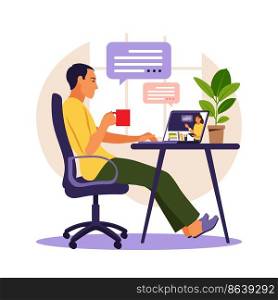 Young man study at computer. Online learning concept. Video lesson. Distance study. Can use for web banner, infographics, hero images. Vector illustration. Flat style.
