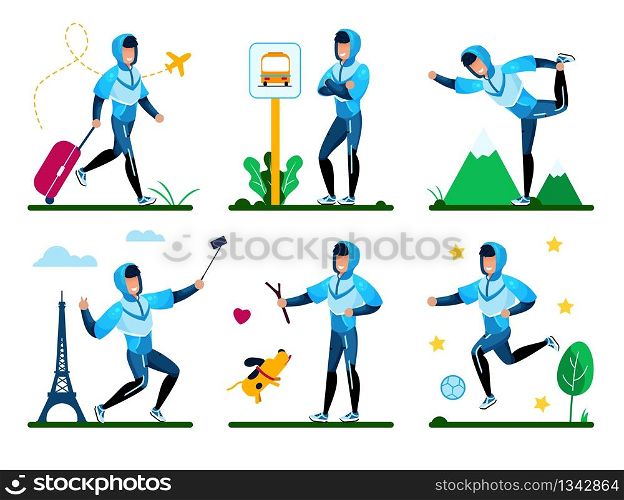Young Man Summer Time Activities, Active Lifestyle Trendy Flat Vector Set. Happy Guy Pulling Luggage Bag, Waiting Bus on Stop, Shooting Selfie in Trip, Walking with Dog, Playing Ball Illustration