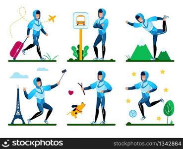 Young Man Summer Time Activities, Active Lifestyle Trendy Flat Vector Set. Happy Guy Pulling Luggage Bag, Waiting Bus on Stop, Shooting Selfie in Trip, Walking with Dog, Playing Ball Illustration