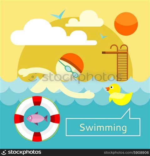 Young man swimming the front crawl in a pool in flat design. Can be used for web banners, marketing and promotional materials, presentation templates