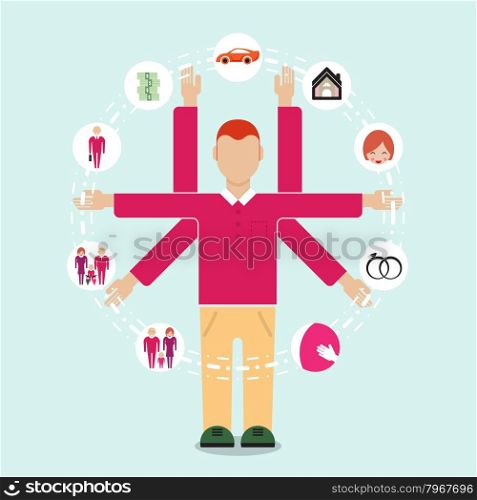 Young man symbol with his life plan in the futher. Family flat style people figures parenting parents children kids son daughter couple wife husband boy girl infant infographics user interface profile icons set isolated vector illustration collection