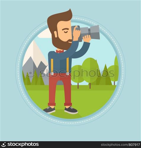 Young man taking a photo of landscape. Photographer taking a picture in the mountains. Nature photographer with digital camera. Vector flat design illustration in the circle isolated on background.. Photographer taking photo vector illustration.
