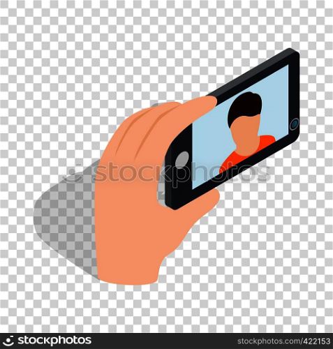 Young man taking selfie photo isometric icon 3d on a transparent background vector illustration. Young man taking selfie photo isometric icon