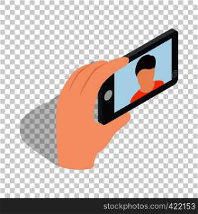 Young man taking selfie photo isometric icon 3d on a transparent background vector illustration. Young man taking selfie photo isometric icon