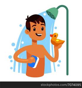 Young man taking shower in bathroom. Guy washing himself. Morning hygiene vector concept. Showering with shampoo foam and bubble illustration. Young man taking shower in bathroom. Guy washing himself. Morning hygiene vector concept