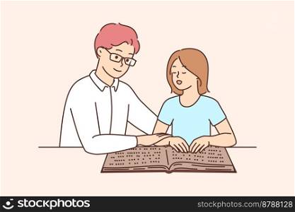 Young man teach blind girl child reading book with fingers. Male teacher or tutor learn kid read with braille system. Disability concept. Vector illustration. . Male tutor teach child reading braille