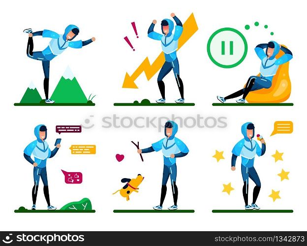 Young Man, Teenager Daily Routines and Activities, Modern Lifestyle Trendy Flat Vectors Set. Guy Messaging Online, Doing Exercises Outdoors, Relaxing, Enjoying Food, Worried Because Fail Illustration