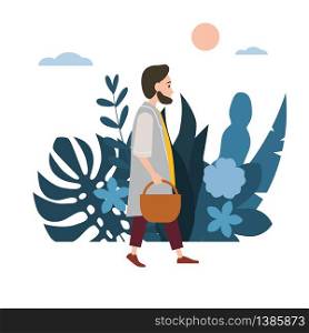 Young man, the guy goes with a basket on his business, making purchases. Background flora flowers floral leaves.. Young man, the guy goes with a basket on his business, making purchases. Background flora flowers floral leaves. Trend design flat cartoons. Colorful vector illustration isolated