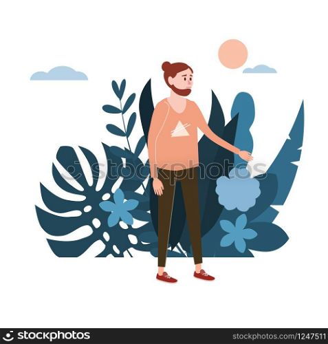Young man, the guy in pink T-shirt. Background flora flowers floral leaves. Young man, the guy in pink T-shirt. Background flora flowers floral leaves. Trend design flat cartoons. Colorful vector illustration isolated