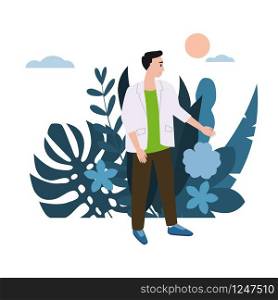 Young man, the guy in white jacket. Background flora flowers floral leaves. Young man, the guy in white jacket. Background flora flowers floral leaves. Trend design flat cartoons. Colorful vector illustration isolated
