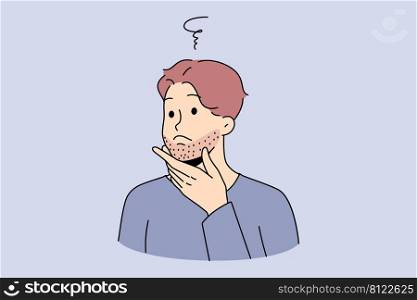 Young man touching beard think of shaving. Guy feel confused about bristle or face hair. Male hygiene and beauty care. Flat vector illustration. . Man touching beard think of shaving 