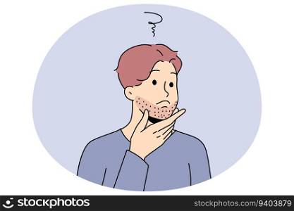 Young man touching beard think of shaving. Guy feel confused about bristle or face hair. Male hygiene and beauty care. Flat vector illustration.. Man touching beard think of shaving