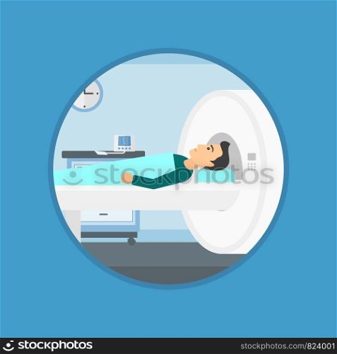 Young man undergoes a magnetic resonance imaging scan test at hospital room. Magnetic resonance imaging machine scanning patient. Vector flat design illustration in the circle isolated on background.. Magnetic resonance imaging.