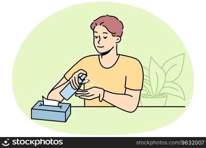 Young man use antiseptic liquid cleaning hands. Guy sanitize hands with sanitizer in bottle. Healthcare concept. Vector illustration.. Man sanitize hands with liquid sanitizer