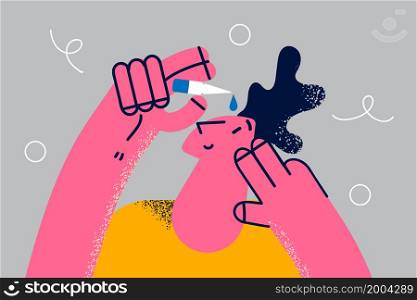 Young man use medical drops in bottle suffer from dry eyes. Unhealthy guy moisturize eye with medicine liquid. Eyesight problem, healthcare concept. Optics care. Flat vector illustration. . Man use medical drops for moisturizing dry eyes