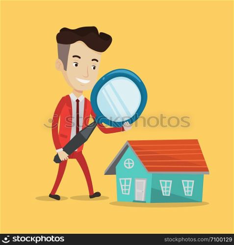 Young man using a magnifying glass for looking for a new house. Businessman with a magnifying glass checking a house. Man analyzing house with loupe. Vector flat design illustration. Square layout.. Man looking for house vector illustration.