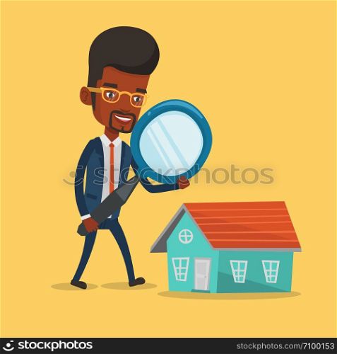Young man using a magnifying glass for looking for a new house. Businessman with a magnifying glass checking a house. Man analyzing house with loupe. Vector flat design illustration. Square layout.. Man looking for house vector illustration.