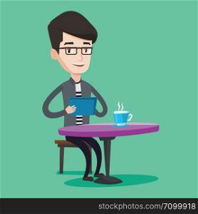 Young man using a tablet computer in a cafe. Happy man surfing in the social network. Social network concept. Man rewriting in social network in a cafe. Vector flat design illustration. Square layout.. Man surfing in the social network in cafe.
