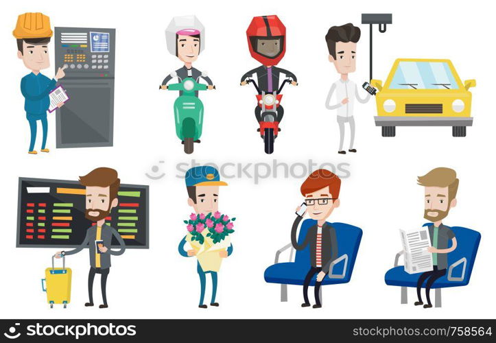 Young man using mobile phone in public transport. Man reading newspaper in public transport. People traveling by public transport. Set of vector flat design illustrations isolated on white background.. Set of industrial workers and people traveling.