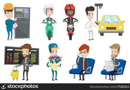 Young man using mobile phone in public transport. Man reading newspaper in public transport. People traveling by public transport. Set of vector flat design illustrations isolated on white background.. Set of industrial workers and people traveling.