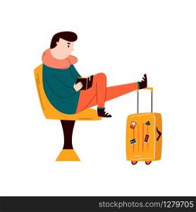 Young man waiting in the airport for the flight. Vector illustration in a flat style. Young man waiting in the airport for the flight.