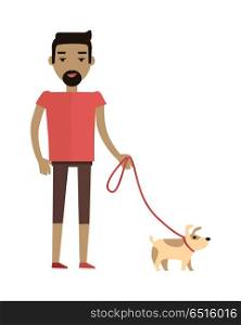 Young Man Walking His Dog. Young brunet man in red T-shirt and brown shorts walking his dog. Cartoon character, pet animal. Young man personage in flat design isolated on white background. Vector illustration.