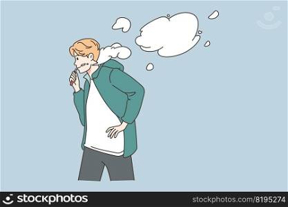 Young man walking street smoking. Teen guy enjoy vaper outdoors. Bad habit and healthcare. Vector illustration.. Young man smoking vaper outdoors