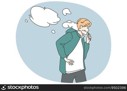 Young man walking street smoking. Teen guy enjoy vaper outdoors. Bad habit and healthcare. Vector illustration.. Young man smoking vaper outdoors