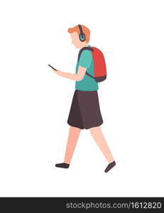 Young man walks down the street and listens to music. Modern young happy cartoon male character with backpack, headphones and smartphone walking in city, leisure time flat vector isolated illustration. Young man walks down the street and listens to music. Modern young happy cartoon male character with backpack, headphones and smartphone walking in city, flat vector isolated illustration