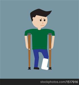 young man was leg broken with crutches vector on blue background