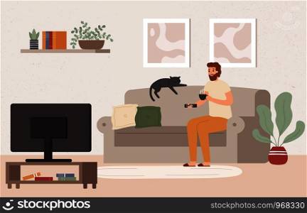 Young man watch TV. Drinking tea and watching televison show, spending weekend on sofa. Comfortable relaxing at home apartment, adult male character watch video channel vector illustration. Young man watch TV. Drinking tea and watching televison show, spending weekend on sofa vector illustration