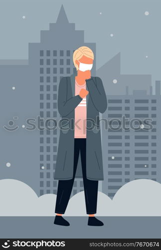 Young man wearing face medical mask standing at night city background. Viral pandemic. Coronavirus 2019-ncov flu. Respiratory protection from virus pandemia. Quarantine and self-isolation in city. Illustration of man wearing face medical mask standing at city background, viral pandemic