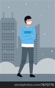 Young man wearing face medical mask standing at night city background. Viral pandemic. Coronavirus 2019-ncov flu. Respiratory protection from virus pandemia. Quarantine and self-isolation in city. Illustration of man wearing face medical mask standing at city background, viral pandemic
