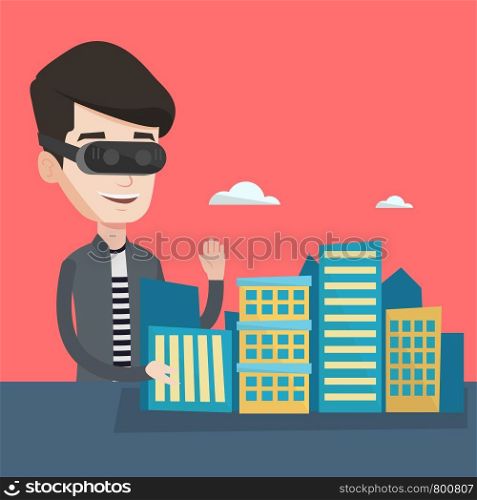 Young man wearing virtual reality headset and getting into vr world. Man developing a project the architecture of the city using virtual reality glasses. Vector flat design illustration. Square layout. Happy young man wearing virtual reality headset.
