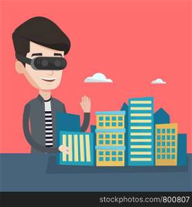 Young man wearing virtual reality headset and getting into vr world. Man developing a project the architecture of the city using virtual reality glasses. Vector flat design illustration. Square layout. Happy young man wearing virtual reality headset.