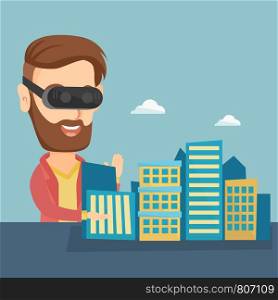 Young man wearing virtual reality headset and getting into vr world. Man developing a project of the city architecture using virtual reality glasses. Vector flat design illustration. Square layout.. Happy young man wearing virtual reality headset.