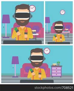 Young man wearing virtual reality headset and holding motion controllers in hands. Hipster man playing video games in apartment. Vector flat design illustration. Square, horizontal, vertical layouts.. Man in virtual reality headset playing video game.