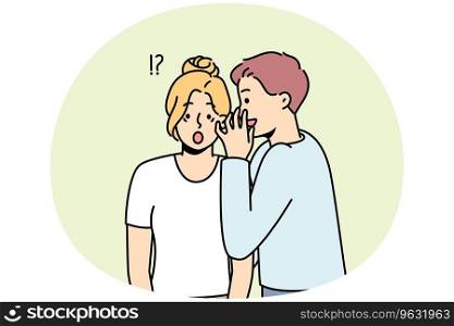 Young man whisper secret to stunned woman ear. Male tell secret hidden information to astonished female. Secrecy and gossip. Vector illustration.. Man whisper secret information to shocked woman