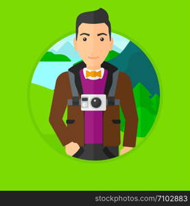Young man with a digital camera on his chest. Tourist with a digital camera standing on the background of mountains and lake. Vector flat design illustration in the circle isolated on background.. Man with camera on chest.