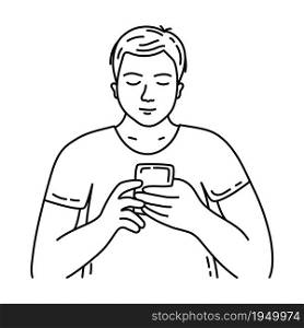 Young man with a phone in his hands. Hand drawn doodle vector illustration. Guy sketch