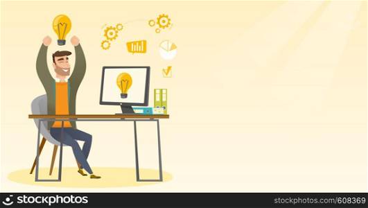 Young man with arms up got a business idea. Cheerful businessman working on a computer with business idea bulb on a screen. Business idea concept. Vector flat design illustration. Horizontal layout.. Creative excited businessman having business idea.