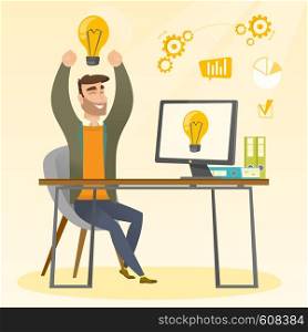 Young man with arms up got a business idea. Cheerful businessman working on a computer with business idea bulb on a screen. Business idea concept. Vector flat design illustration. Square layout.. Creative excited businessman having business idea.