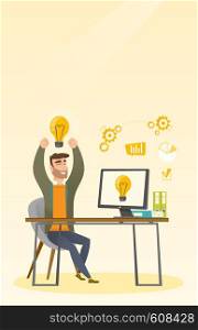 Young man with arms up got a business idea. Cheerful businessman working on a computer with business idea bulb on a screen. Business idea concept. Vector flat design illustration. Vertical layout.. Creative excited businessman having business idea.