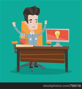 Young man with arms up having a business idea. Cheerful businessman working on a computer with a business idea bulb on a screen. Business idea concept. Vector flat design illustration. Square layout.. Creative excited businessman having business idea.