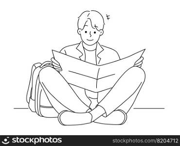 Young man with backpack sitting on floor reading paper map. Male traveler or tourist check route on map. Tourism and travel concept. Vector illustration. . Man with backpack reading paper map 